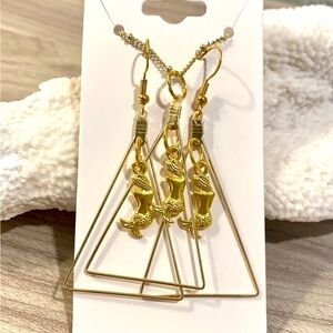 85. Gold toned Mermaid Triangle Earrings and necklace set